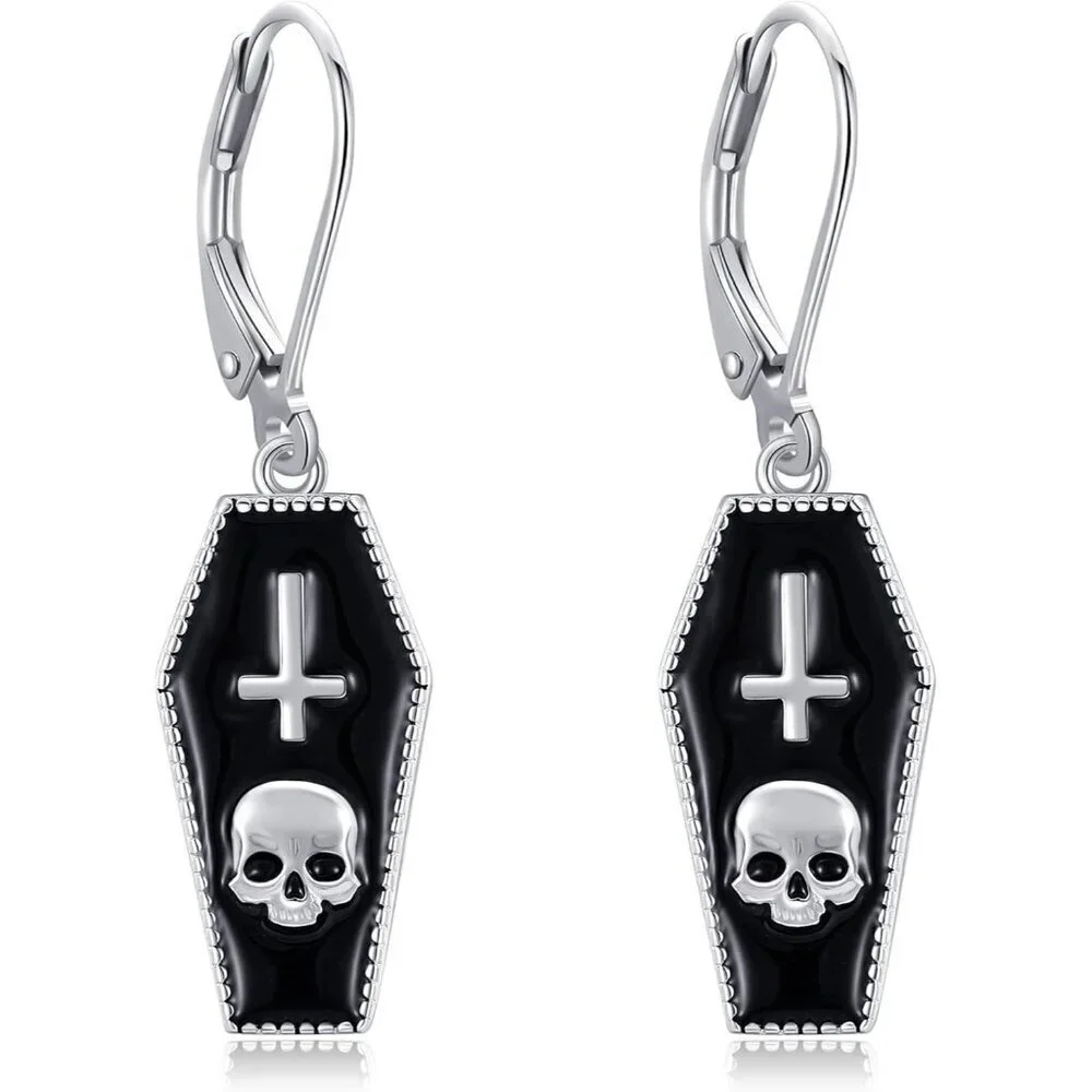 Women's Black Sliver Coffin Sterling Silver Gothic Dangle Halloween Earrings